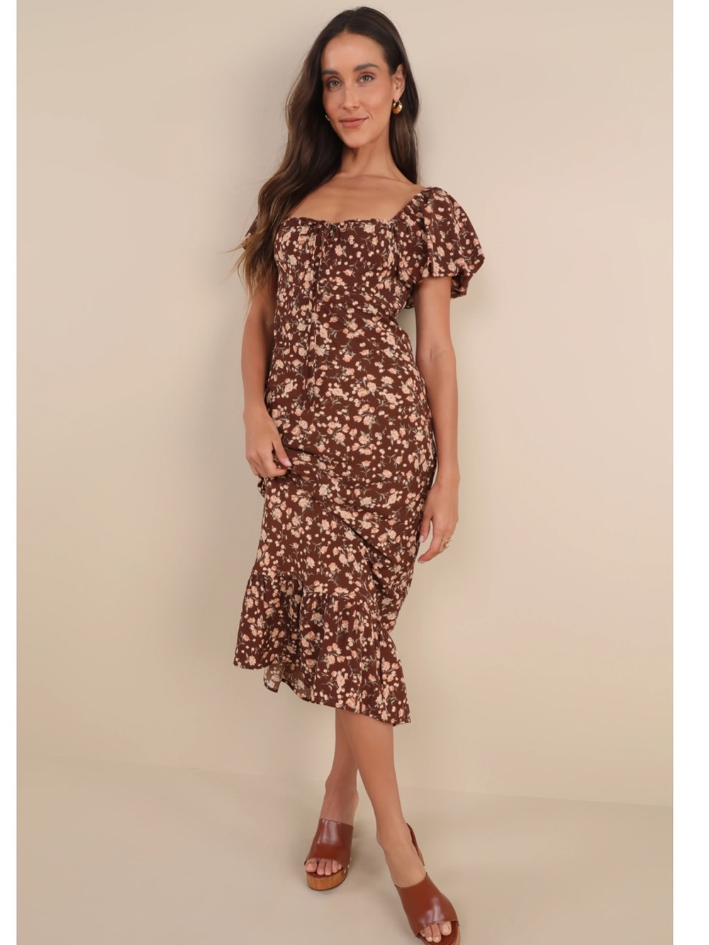 Lulus Remarkably Flourishing Brown Floral Puff-Sleeve Midi Dress Medium Event